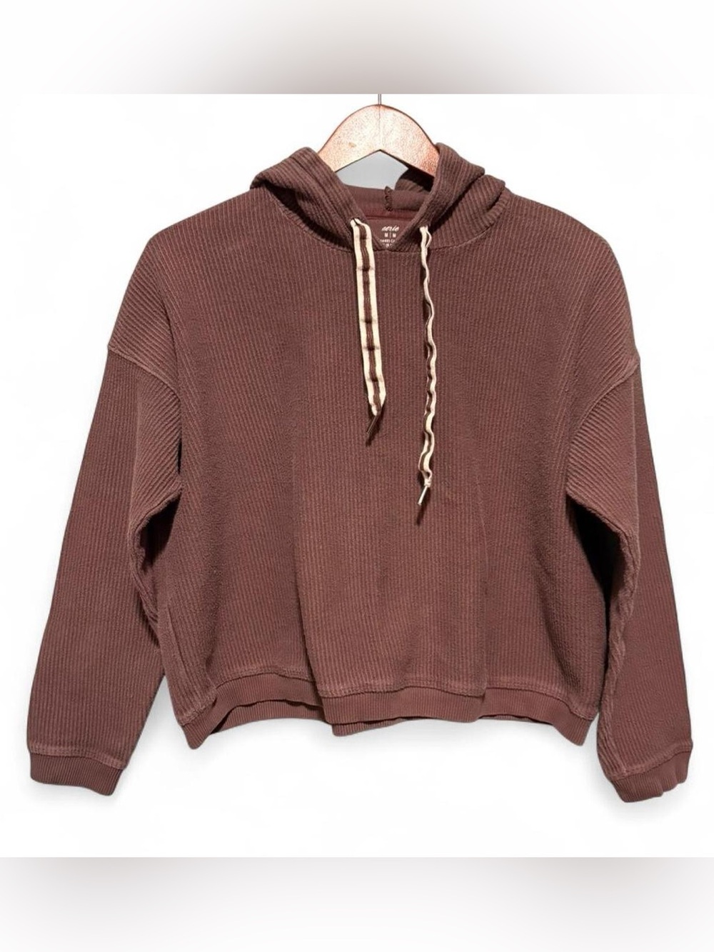Aerie Cropped Brown Hoodie Pullover Ribbed Sweatshirt Womens Medium Active Chill